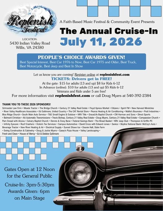 Replenish Festival Annual Cruise-In event at 5430 Indian Valley Road in Willis, VA on July 11, 2026