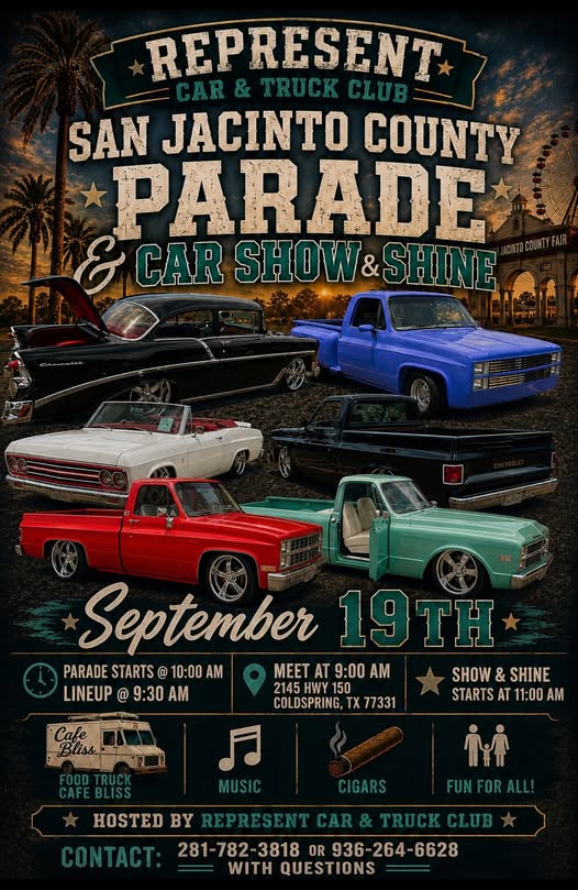 Represent Car & Truck Club San Jacinto County Fair Parade Car Show & Shine event at San Jacinto County Fair in Coldspring, TX on September 19, 2026