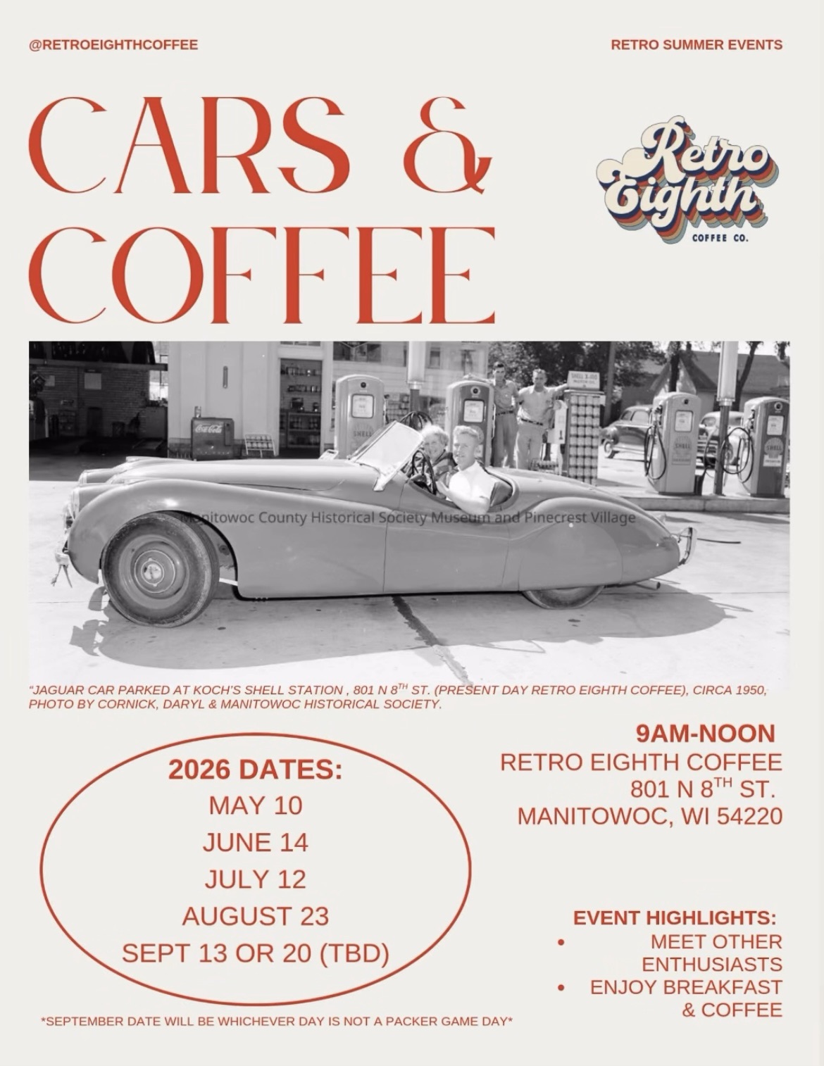 Retro Eighth Coffee Cars & Coffee event at Retro Eighth Coffee in Manitowoc, WI on July 12, 2026