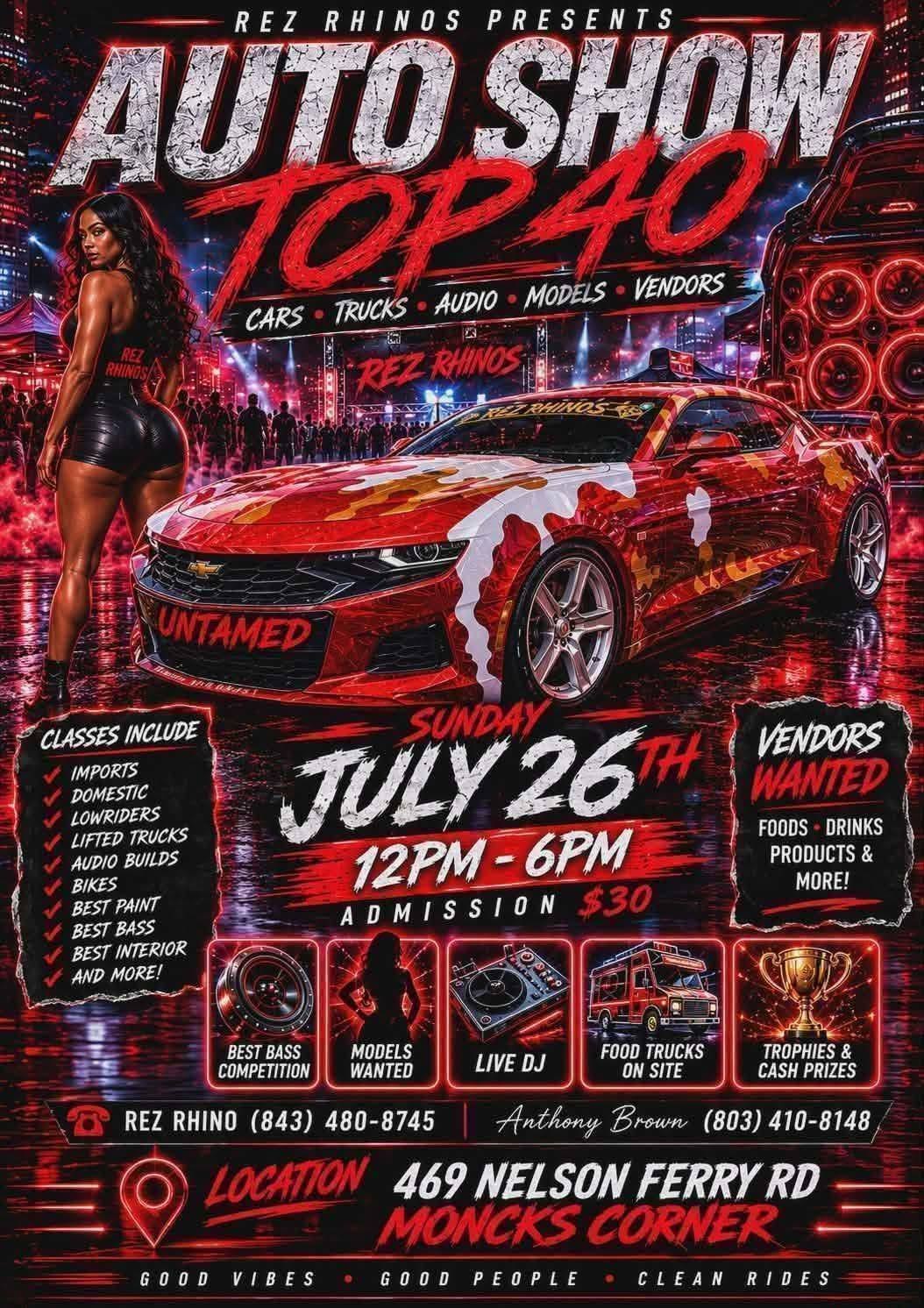 Rez Rhinos Auto Show event at 469 Nelson Ferry Rd in Moncks Corner, SC on July 26, 2026