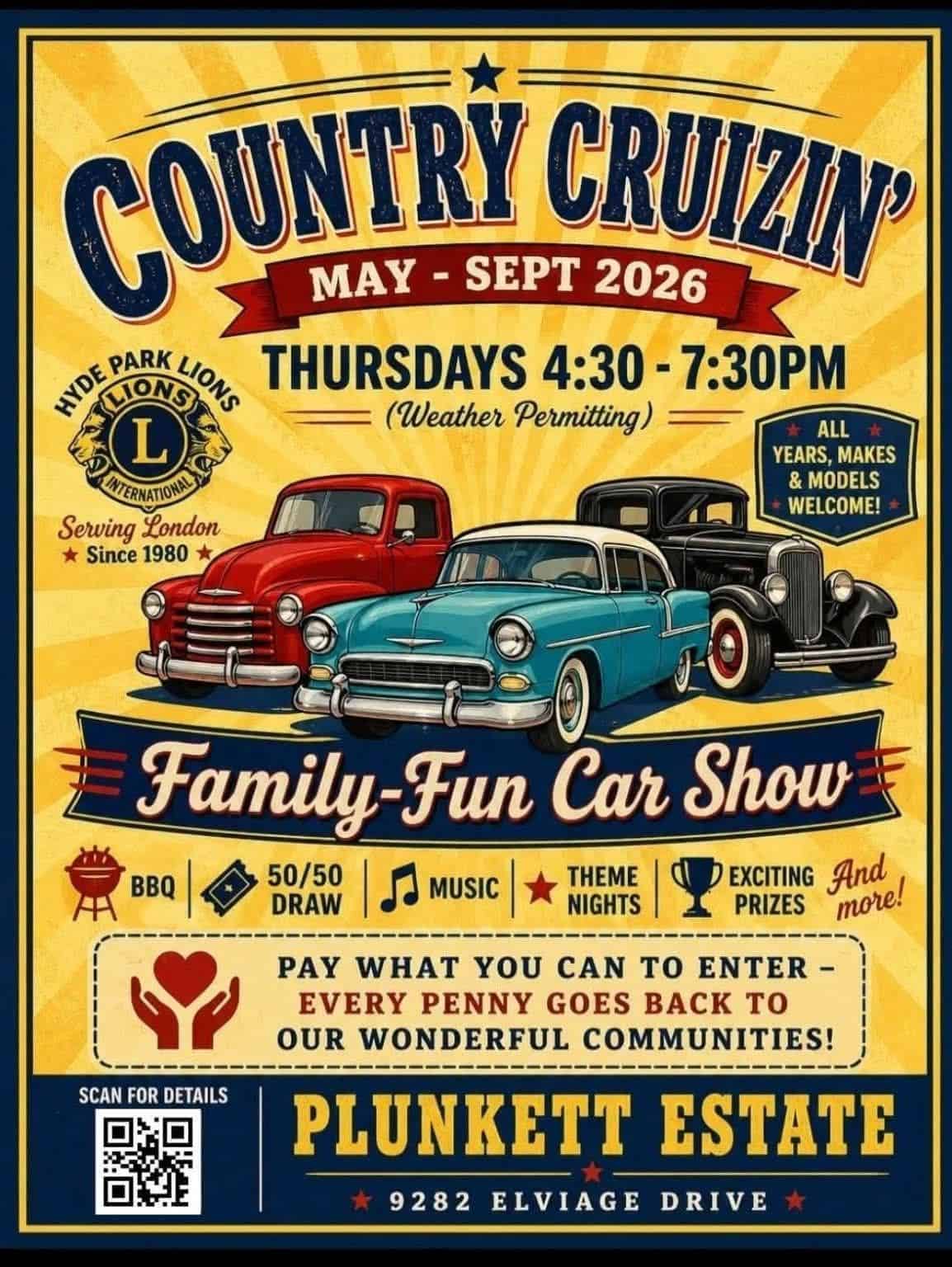 Rhode Park Lions Country Cruizin Family-Fun Car Show event at Plunkett Estate in London, ON on May 7, 2026