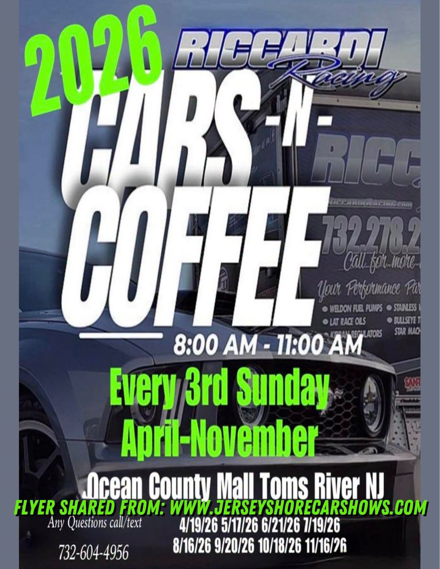 Riccardi's Cars & Coffee event at Ocean County Mall in Toms River, NJ on August 16, 2026