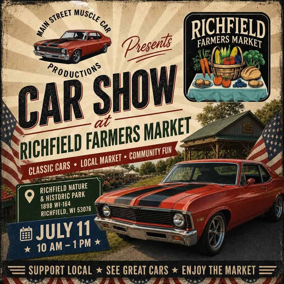 Richfield Farmers Market Car Show by Main Street Muscle Car Productions event at Richfield Farmers Market in Richfield, WI on July 11, 2026