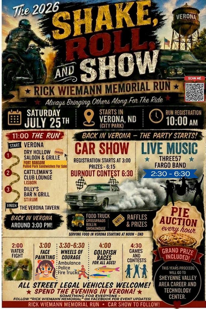 Rick Wiemann Memorial Run Shake Roll and Show event at Verona City Park in Verona, ND on July 25, 2026