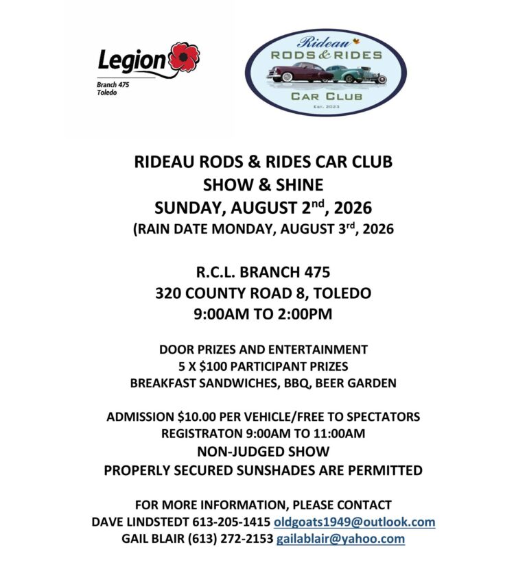 Rideau Rods & Rides Car Club Show & Shine event at R.C.L. Branch 475 in Toledo, ON on August 2, 2026