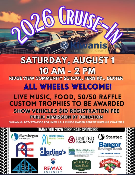 Ridge View Community School Cruise-In event at Ridge View Community School in Dexter, ME on August 1, 2026