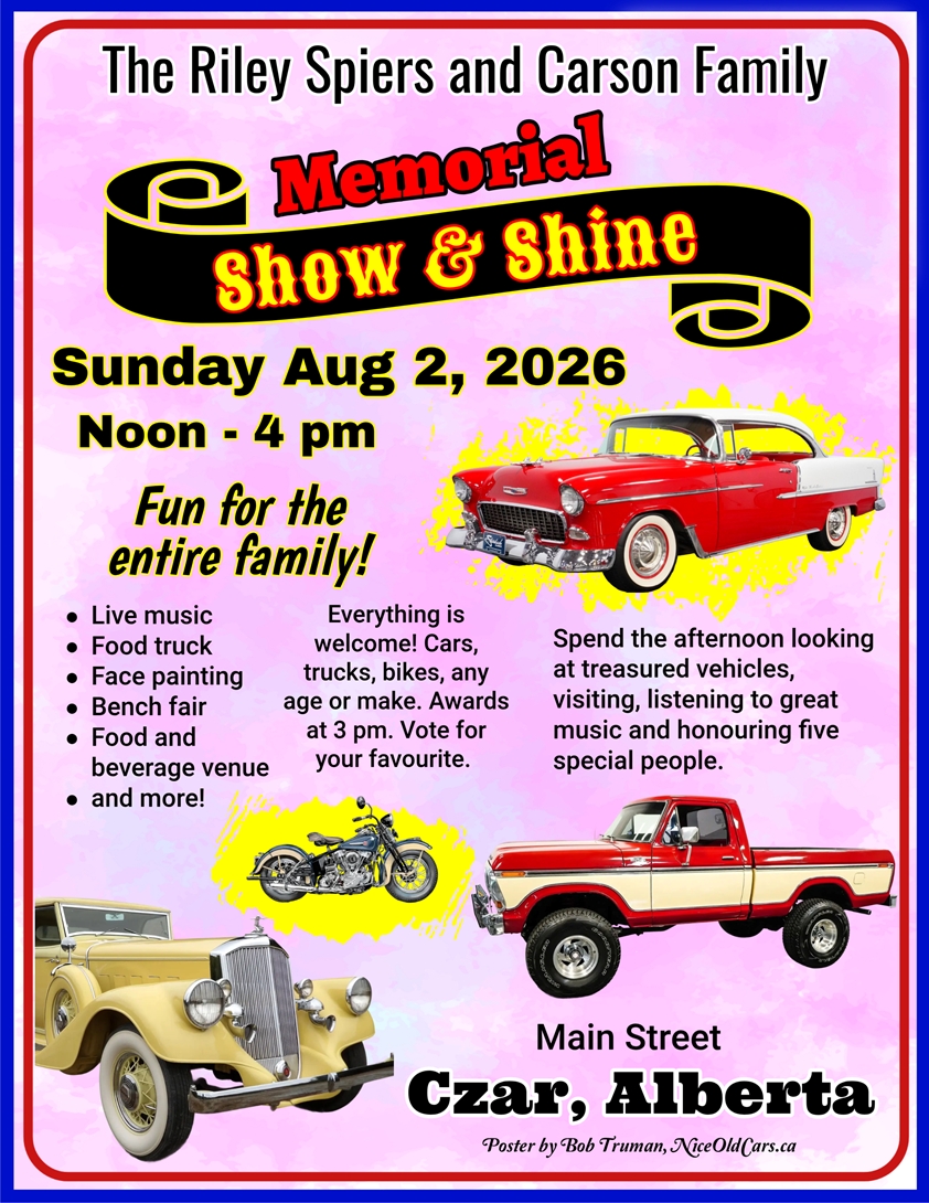 Riley Spiers and Carson Family Memorial Show & Shine event at Main Street in Czar, AB on August 2, 2026