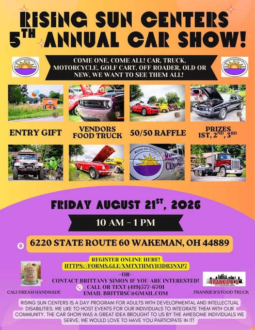 Rising Sun Centers 5th Annual Car Show event at Rising Sun Centers in Wakeman, OH on August 21, 2026