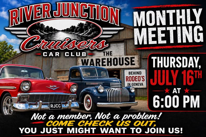 River Junction Cruisers Car Club Monthly Meeting event at The Warehouse in Geneva, AL on July 16, 2026