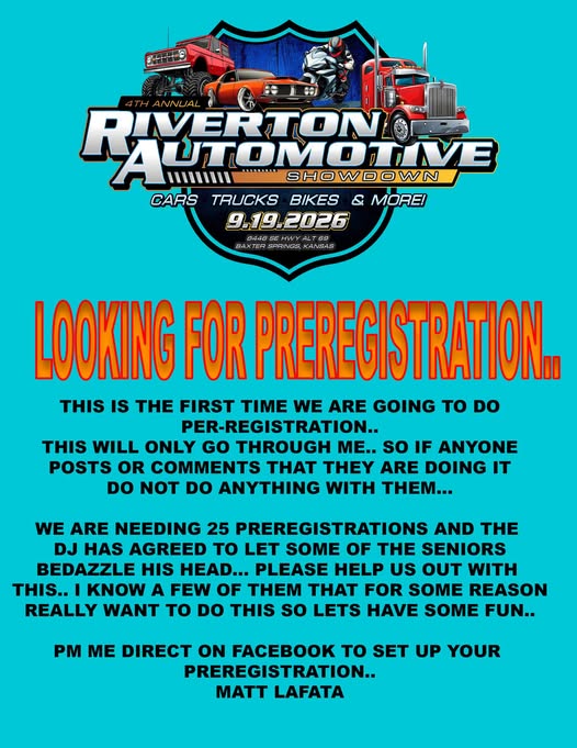 Riverton Automotive Showdown 4th Annual event at 0448 SE Highway Alt 60 in Baxter Springs, KS on September 19, 2026