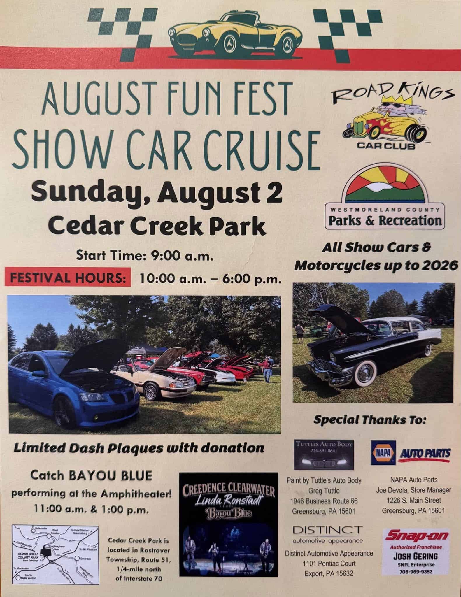 Road Kings Car Club August Fun Fest Show Car Cruise event at Cedar Creek Park in Belle Vernon, PA on August 2, 2026