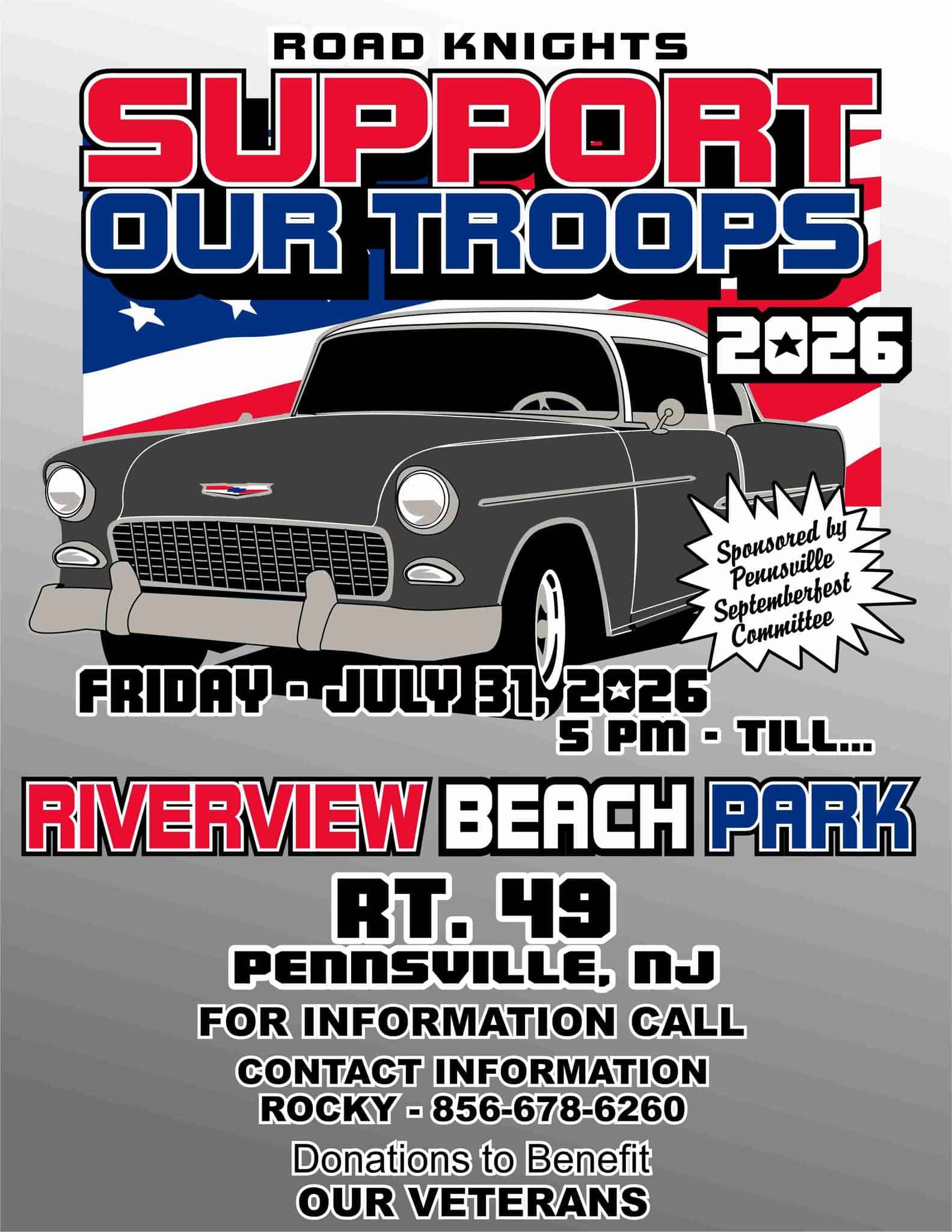 Road Knights Support Our Troops Car Show event at Riverview Beach Park in Pennsville, NJ on July 31, 2026