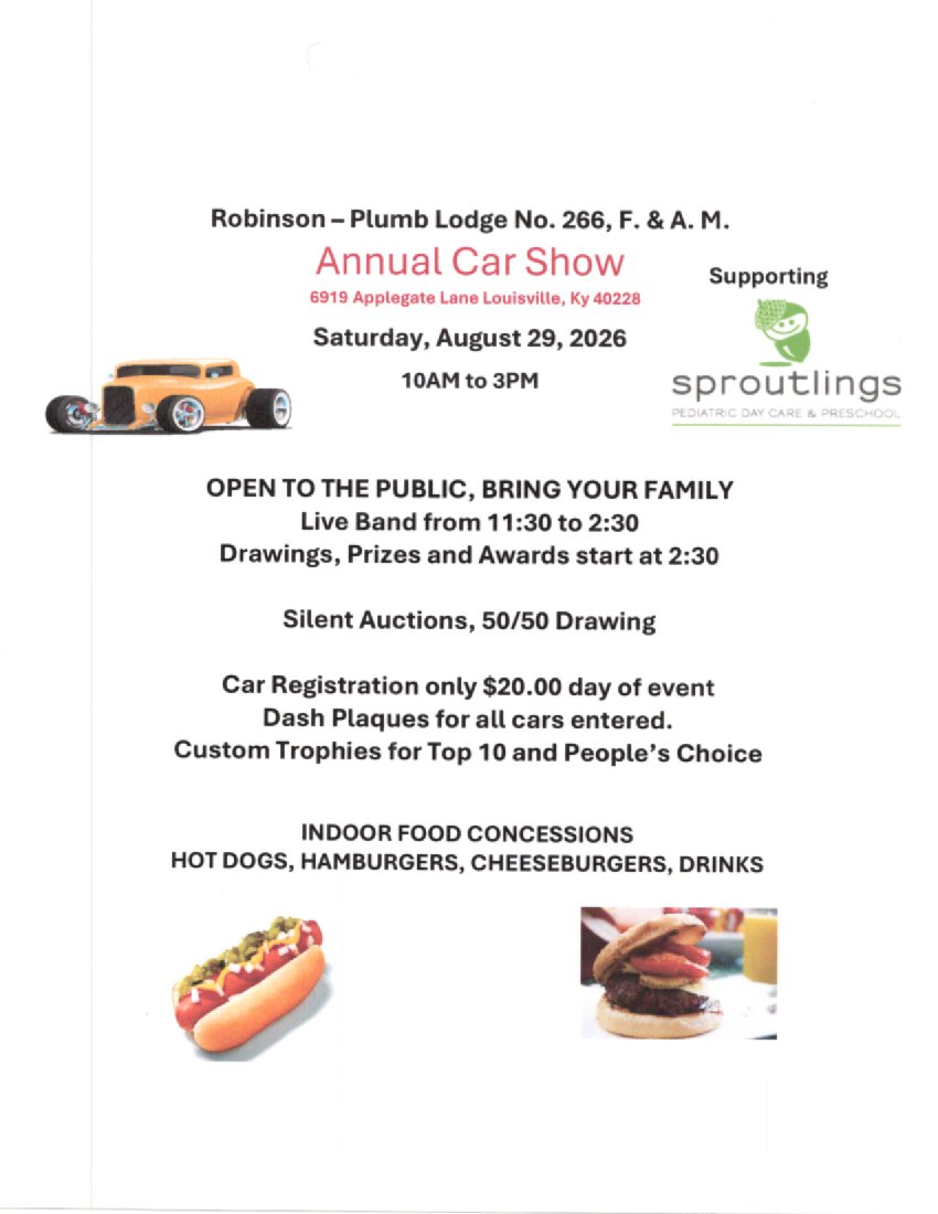 Robinson - Plumb Lodge No. 266 Annual Car Show event at 6919 Applegate Lane in Louisville, KY on August 29, 2026