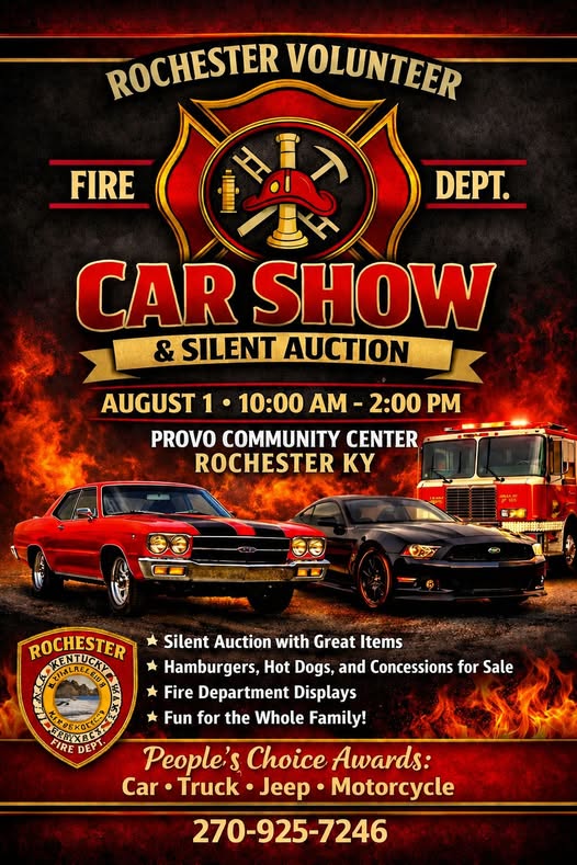 Rochester Volunteer Fire Dept. Car Show & Silent Auction event at Provo Community Center in Rochester, KY on August 1, 2026