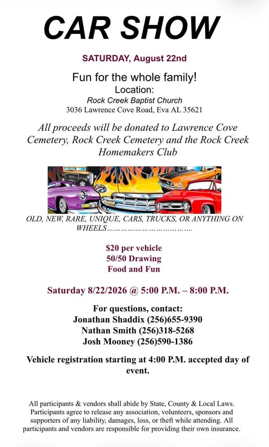 Rock Creek Baptist Church Car Show event at Rock Creek Baptist Church in Eva, AL on August 22, 2026