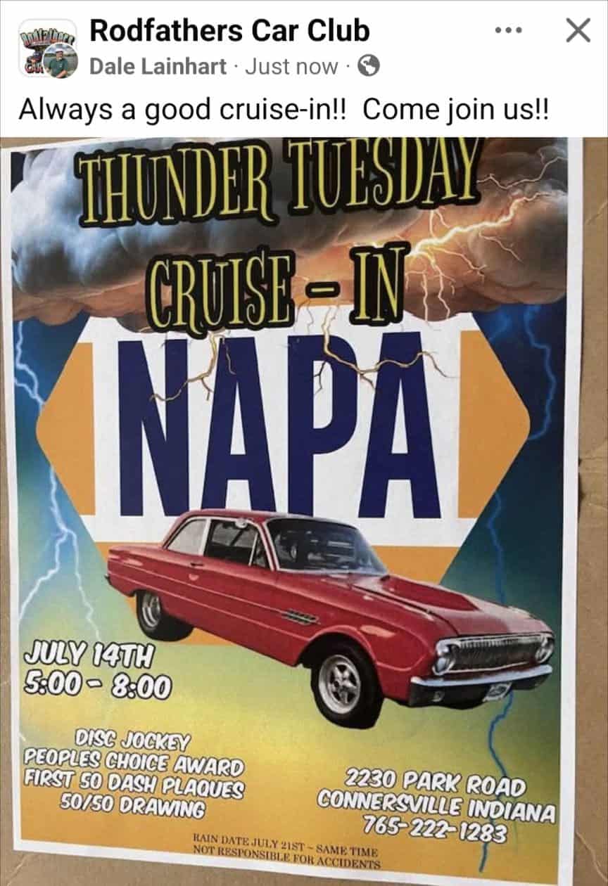 Rodfathers Car Club Thunder Tuesday Cruise-In NAPA event at Napa in Connersville, IN on July 14, 2026