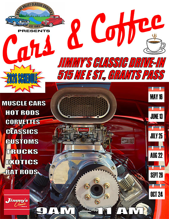 Rogue Valley Classic Cruisers Cars & Coffee at Jimmy's Classic Drive-In event at Jimmy's Classic Drive-In in Grants Pass, OR on July 25, 2026