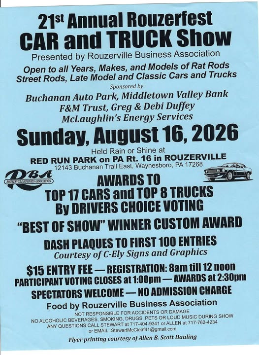 Rouzerfest Car and Truck Show event at Red Run Park in Waynesboro, PA on August 16, 2026