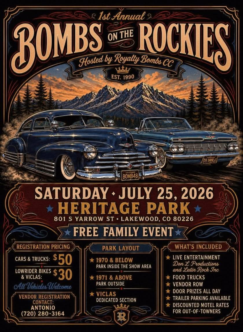 Royalty Bombs CC 1st Annual Bombs on the Boulevard Car Show event at Heritage Park in Lakewood, CO on July 25, 2026