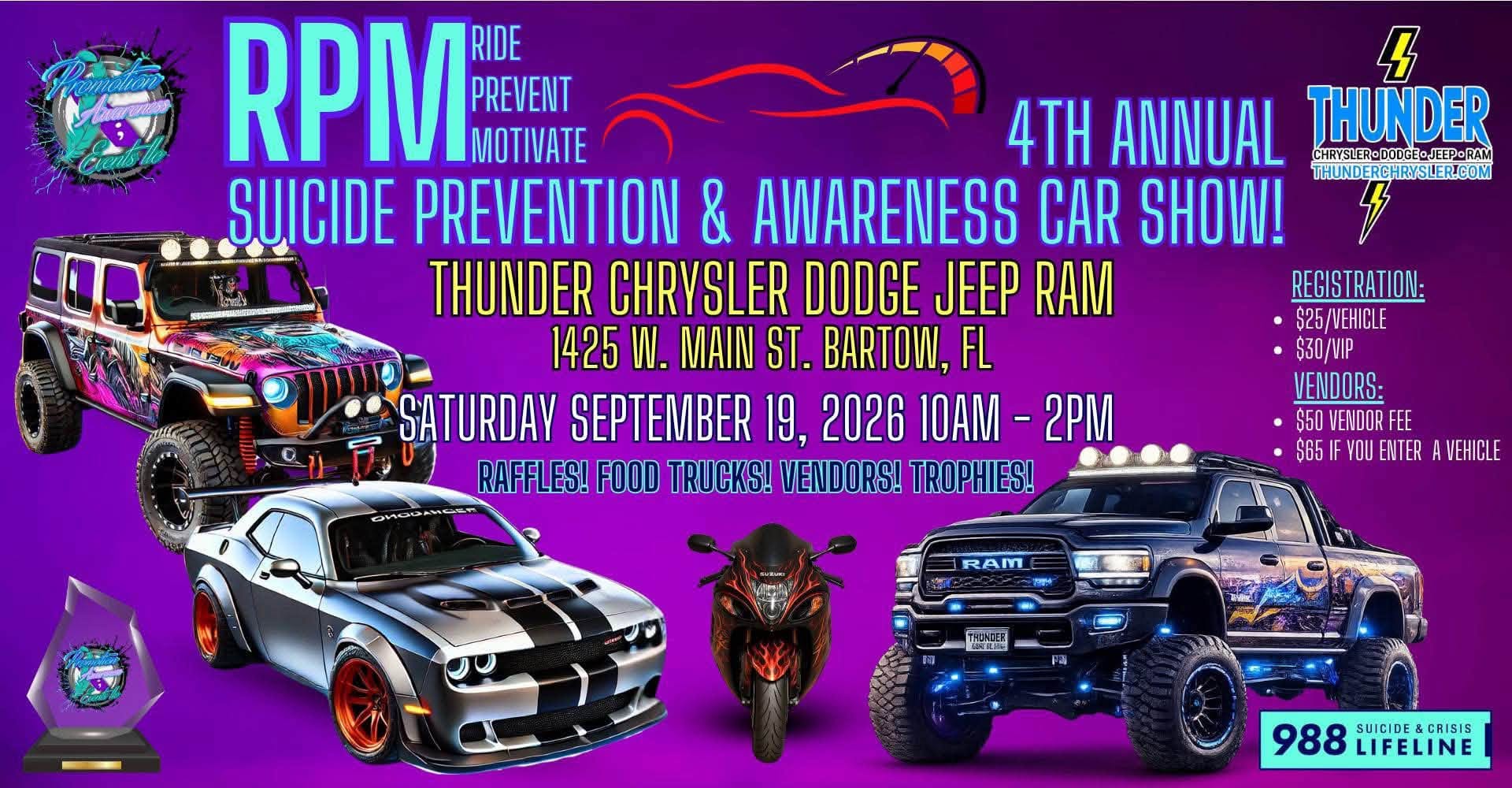 RPM Suicide Prevention & Awareness Car Show event at Thunder Chrysler Dodge Jeep Ram in Bartow, FL on September 19, 2026