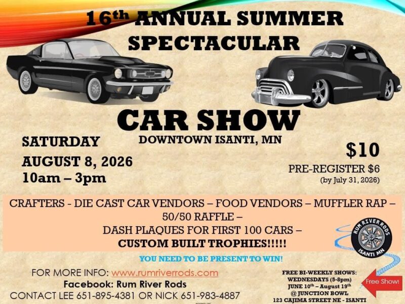 Rum River Rods 16th Annual Summer Spectacular Car Show event at Downtown Isanti in Isanti, MN on August 8, 2026