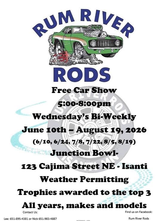 Rum River Rods Bi-Weekly Car Show event at Junction Bowl in Isanti, MN on July 8, 2026
