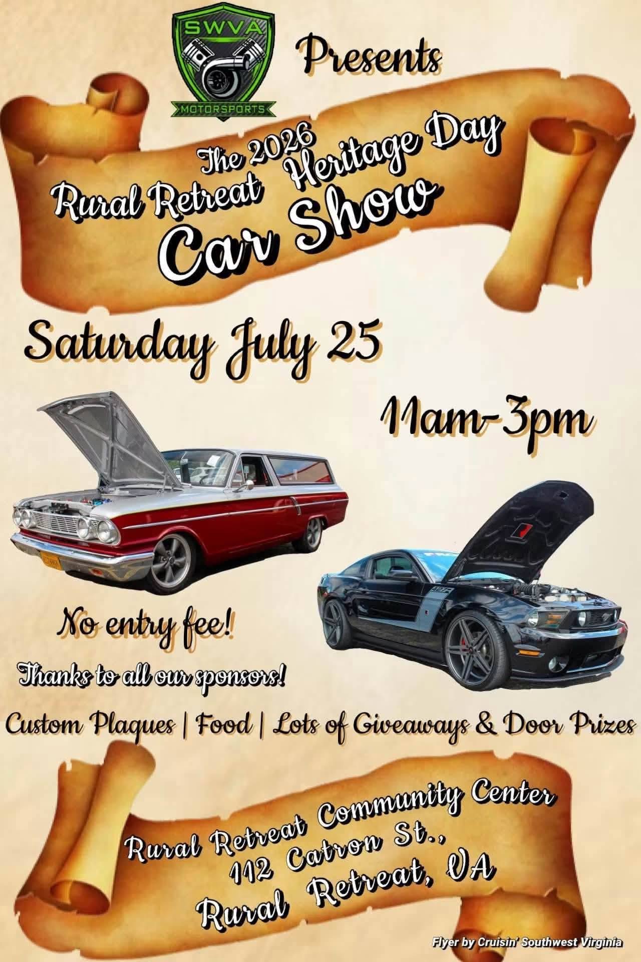 Rural Retreat Heritage Day Car Show event at Rural Retreat Community Center in Rural Retreat, VA on July 25, 2026
