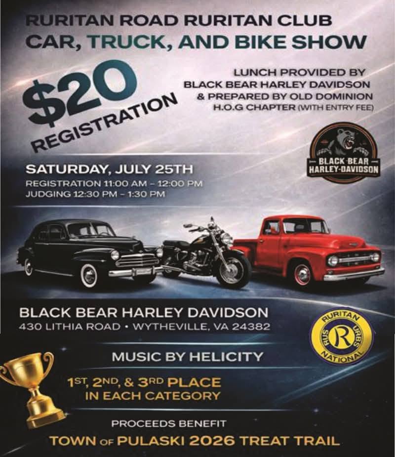 Ruritan Road Ruritan Club Car, Truck, and Bike Show event at Black Bear Harley Davidson in Wytheville, VA on July 25, 2026