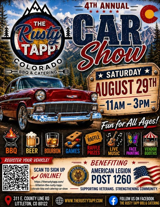 Rusty Tapp Car Show event at The Rusty Tapp Colorado BBQ & Catering in Littleton, CO on August 29, 2026