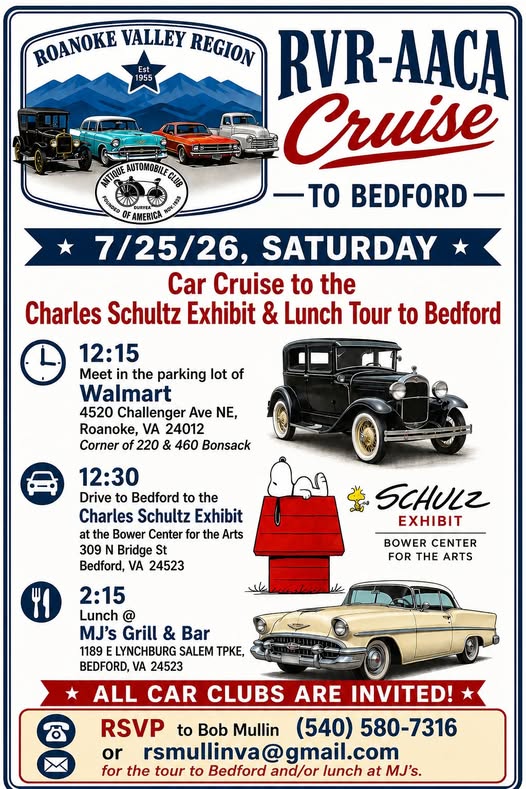 RVR-AACA Cruise to Bedford event at Walmart in Roanoke, VA on July 25, 2026