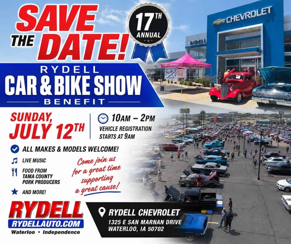 Rydell 17th Annual Car & Bike Show Benefit event at Rydell Chevrolet in Waterloo, IA on July 12, 2026