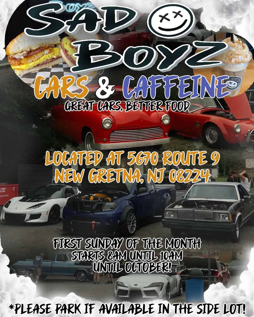 Sad Boyz Cars & Caffeine event at 5670 Route 9 in New Gretna, NJ on August 2, 2026