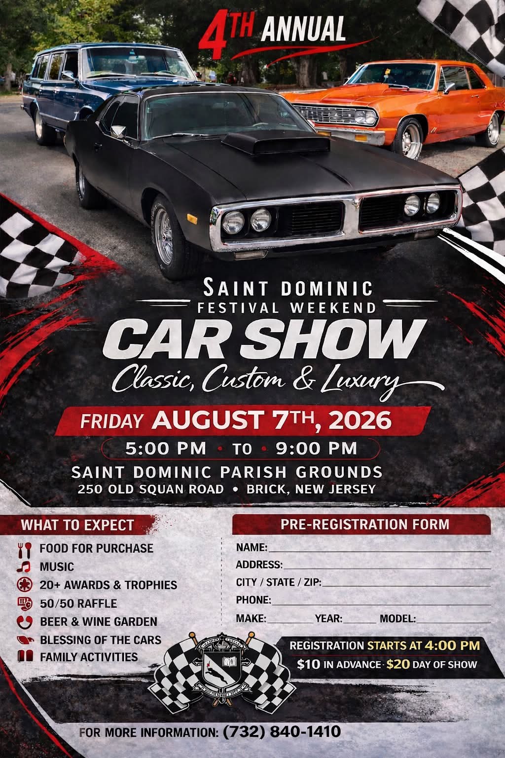 Saint Dominic Festival Weekend 4th Annual Car Show event at Saint Dominic Parish Grounds in Brick, NJ on August 7, 2026