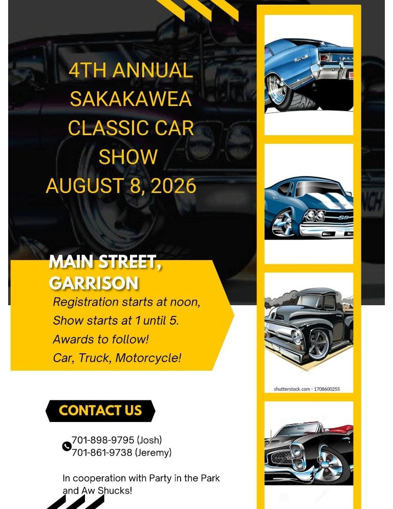 Sakakawea Classic Car Show event at Main Street in Garrison, ND on August 8, 2026
