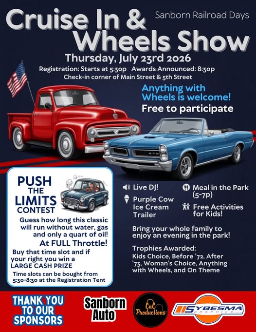 Sanborn Railroad Days Wheels Show Cruise in event at Main Street & 5th Street in Sanborn, IA on July 23, 2026