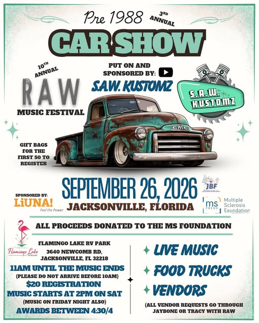 S.A.W. Kustomz Car Show event at Flamingo Lake RV Park in Jacksonville, FL on September 26, 2026
