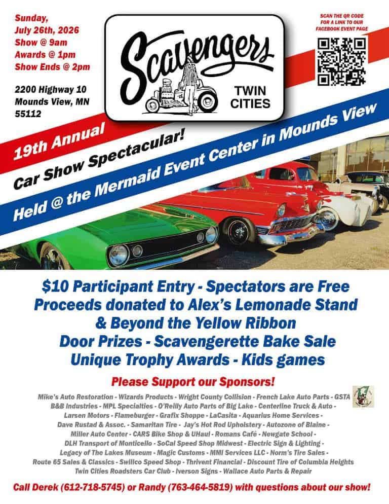 Scavengers Twin Cities 19th Annual Car Show Spectacular event at Mermaid Event Center in Mounds View, MN on July 26, 2026