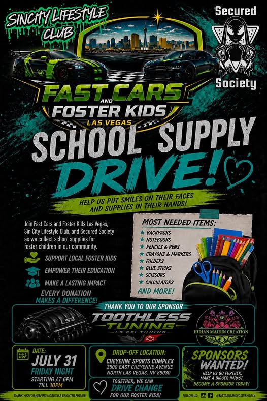 School Supply Drive by Fast Cars and Foster Kids Las Vegas event at Cheyenne Sports Complex in North Las Vegas, NV on July 31, 2026