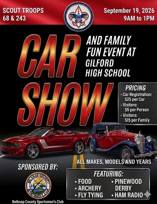 Scout Troops 68 & 243 Car Show event at Gilford High School in Gilford, NH on September 19, 2026