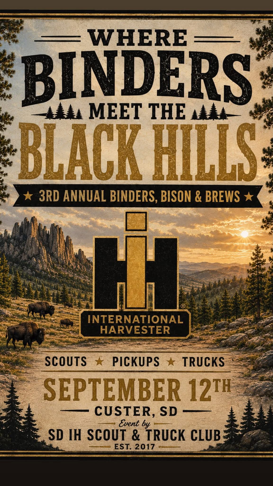 SD IH Scout & Truck Club Binders, Bison & Brews event at Custer in Custer, SD on September 12, 2026