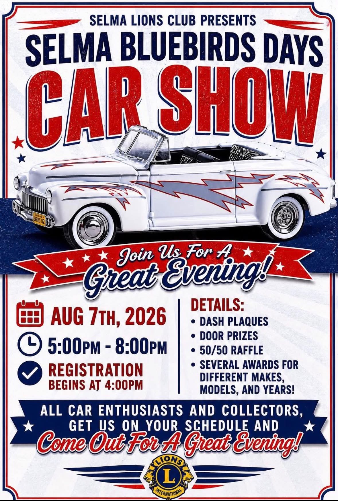 Selma Bluebirds Days Car Show event at Selma Lions Club in Selma, IN on August 7, 2026