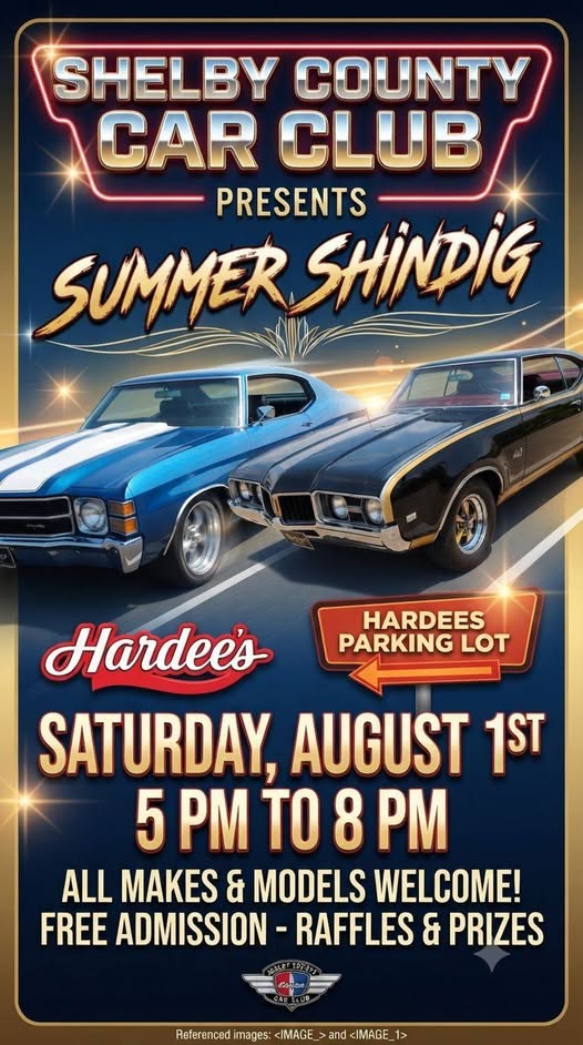 Shelby County Car Club Summer Shindig event at Hardees in Shelbyville, KY on August 1, 2026
