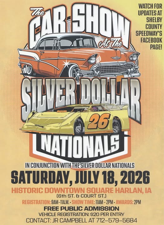 Shelby County Speedway Silver Dollar Nationals Car Show event at Historic Downtown Square in Harlan, IA on July 18, 2026
