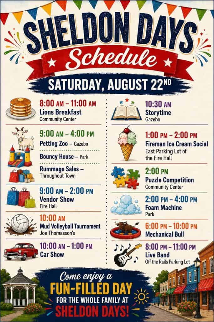 Sheldon Days Car Show event at Downtown Sheldon in Sheldon, ND on August 22, 2026