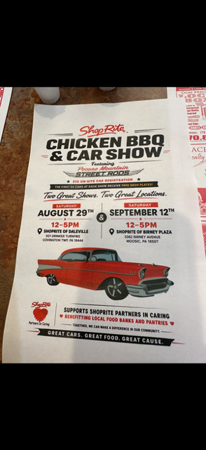 ShopRite Chicken BBQ & Car Show event at ShopRite of Daleville in Covington Township, PA on August 29, 2026