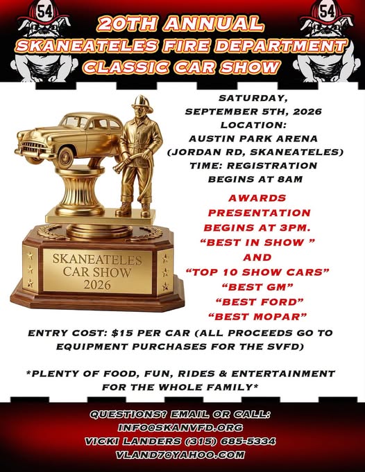 Skaneateles Fire Department 20th Annual Classic Car Show event at Austin Park Arena in Skaneateles, NY on September 5, 2026