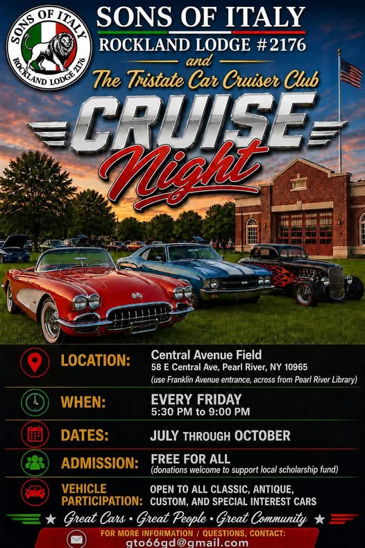 Sons of Italy Rockland Lodge Cruise Night event at Central Avenue Field in Pearl River, NY on July 24, 2026