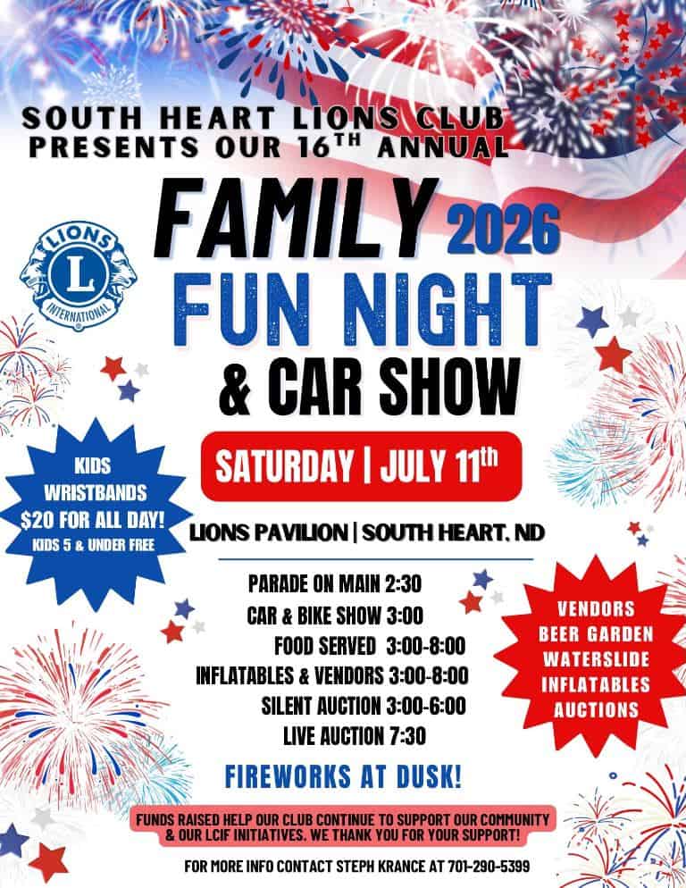 South Heart Lions Club 16th Annual Family Fun Night & Car Show event at Lions Pavilion in South Heart, ND on July 11, 2026