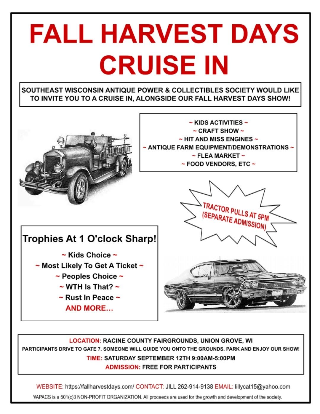 Southeast Wisconsin Antique Power & Collectibles Society Fall Harvest Days Cruise in event at Racine County Fairgrounds in Union Grove, WI on September 12, 2026