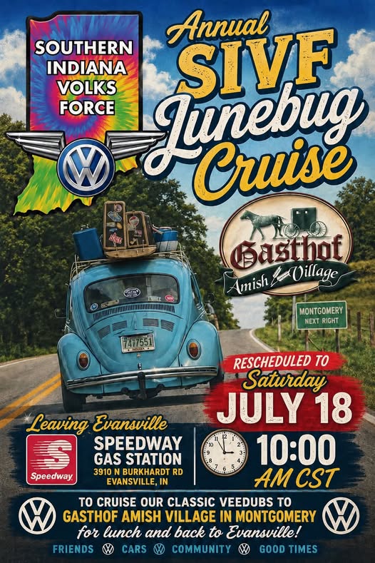 Southern Indiana Volks Force Junebug Cruise event at Speedway Gas Station in Evansville, IN on July 18, 2026